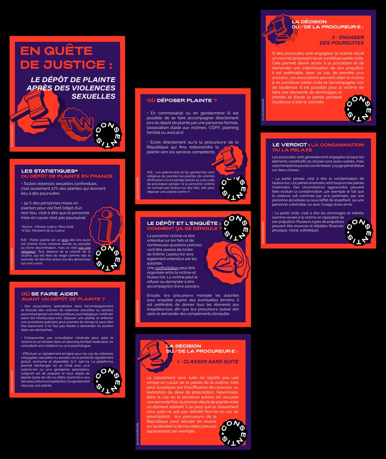 A series of red and purple posts about filing a complaint after sexual violence