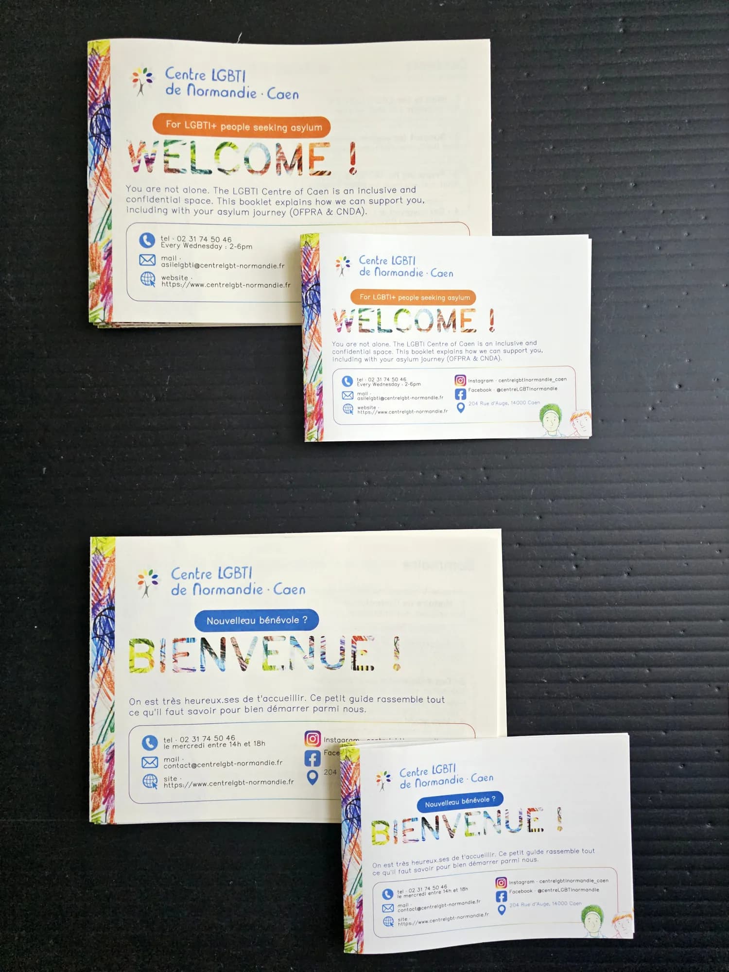 “Welcome!” and “Bienvenue !” booklets and cards for the Centre LGBTI de Normandie, on black
