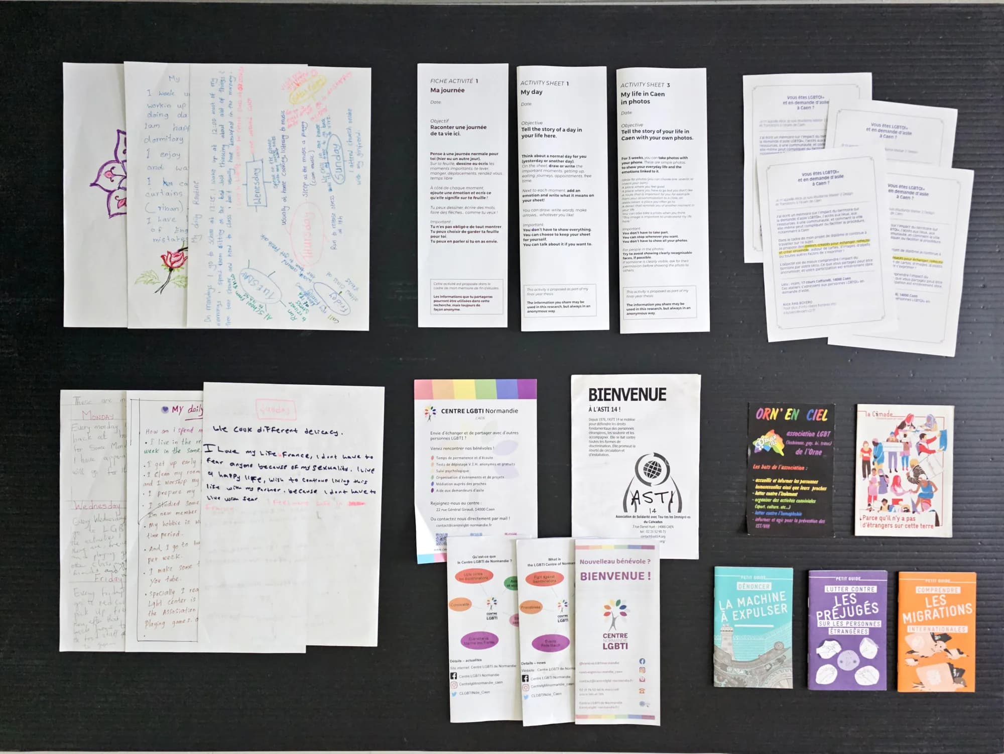 Fieldwork documents laid out on black: handwritten notes, printed sheets, association brochures and leaflets