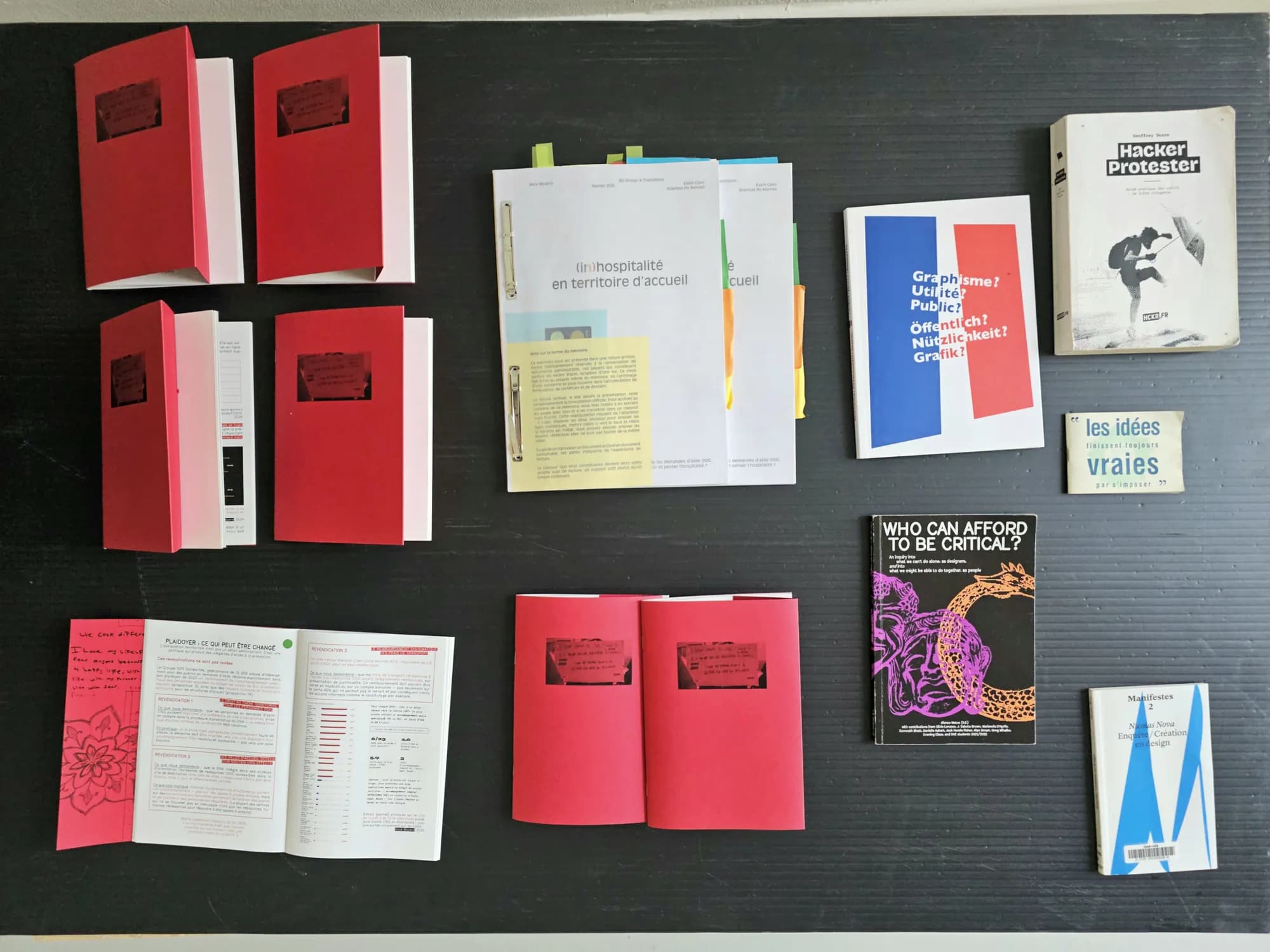 Red booklets, the thesis and reference books laid out on black