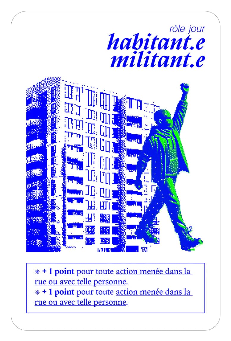 Game card for a day role, “habitant.e militant.e”, with a blue illustration of a figure raising a fist in front of a block of flats