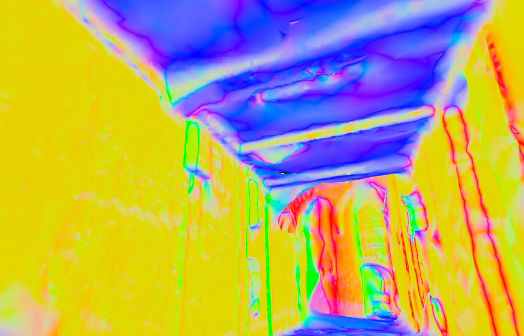 False-colour 3D render of a covered passageway in yellow, blue and pink