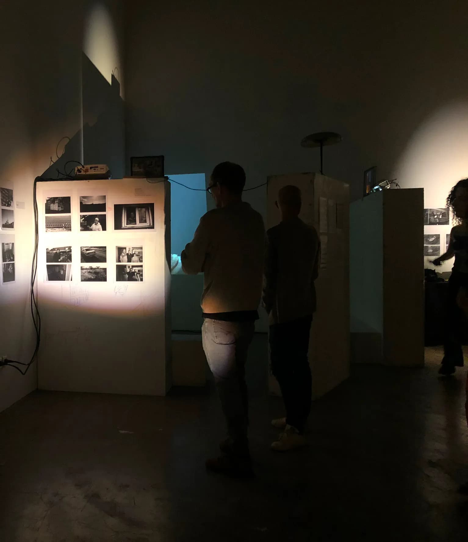 Installation view: visitors in a dark room, in front of panels of black-and-white photographs