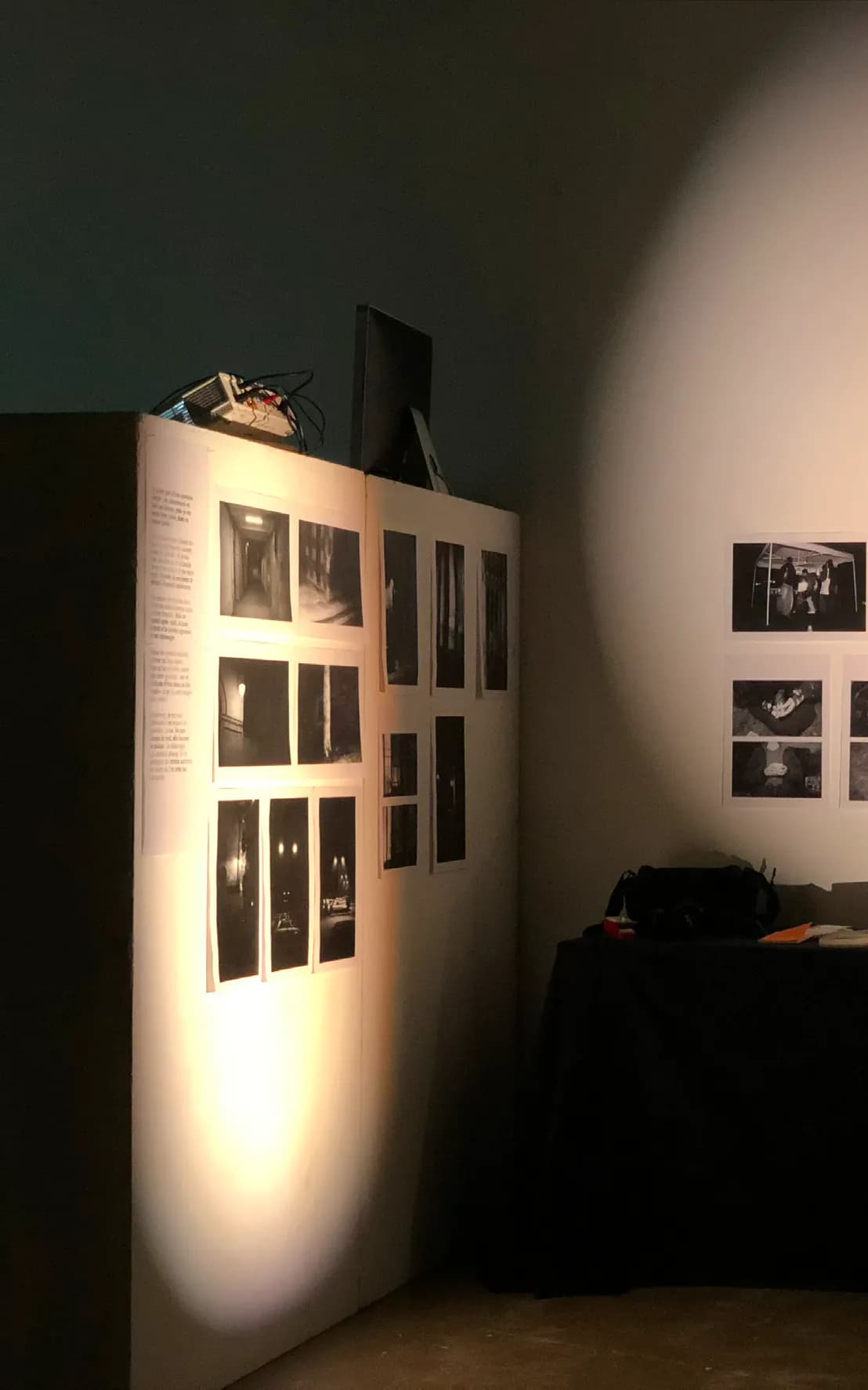 Installation view: a panel lit by a spotlight, with black-and-white photographs and text