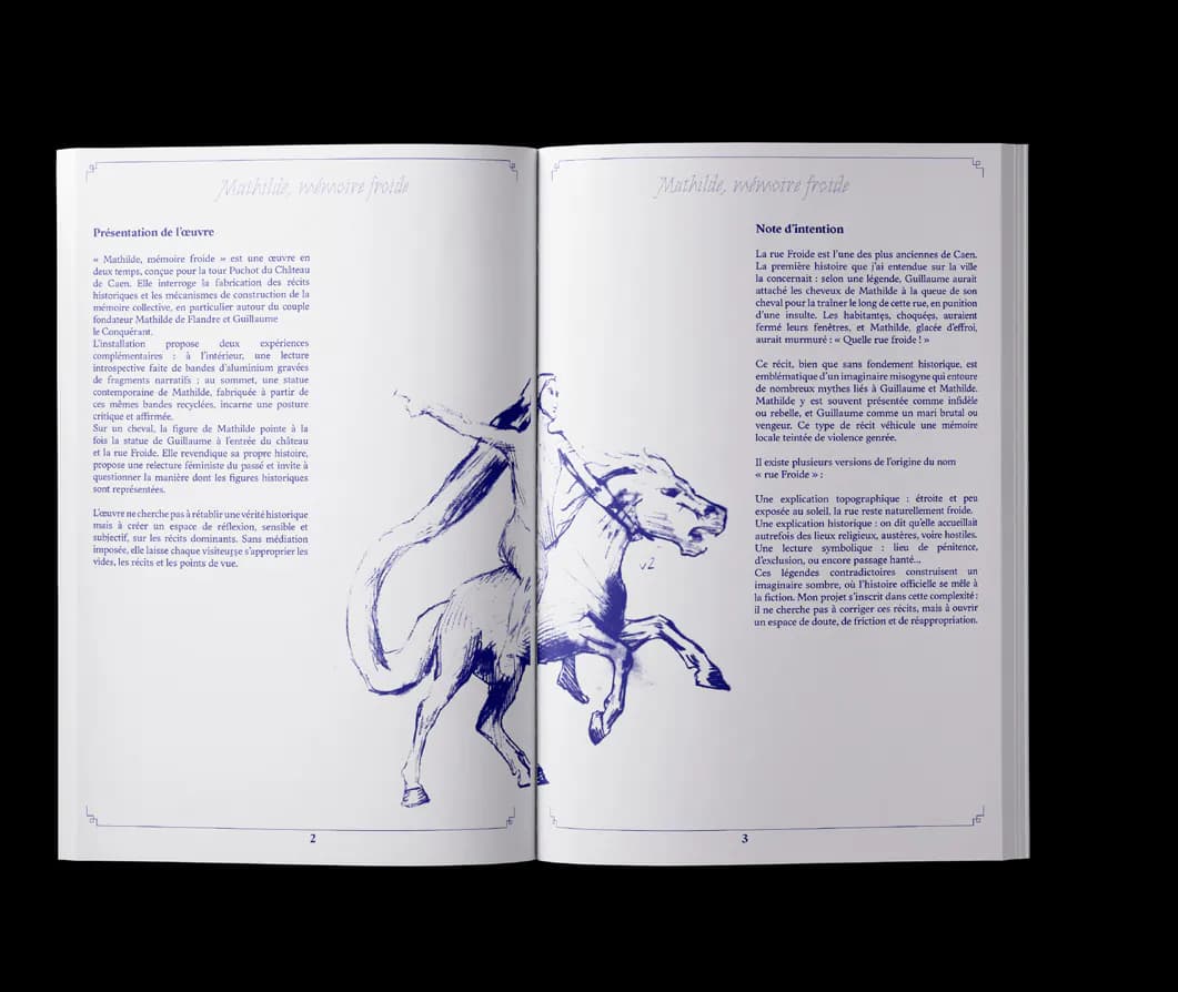 Booklet spread: introductory texts and blue drawings of a rider and her horse