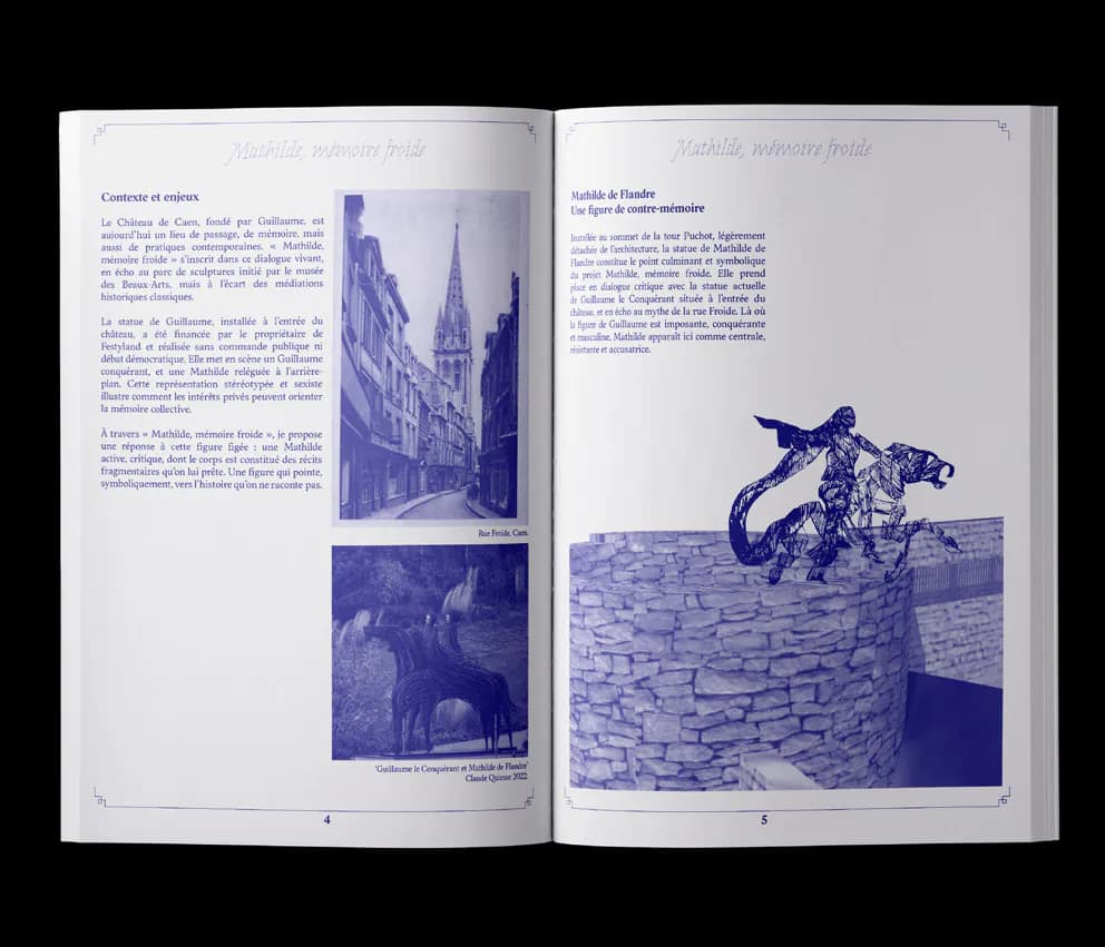 Booklet spread: texts, photographs of a street and an equestrian statue, and a mock-up of the statue on top of the tower