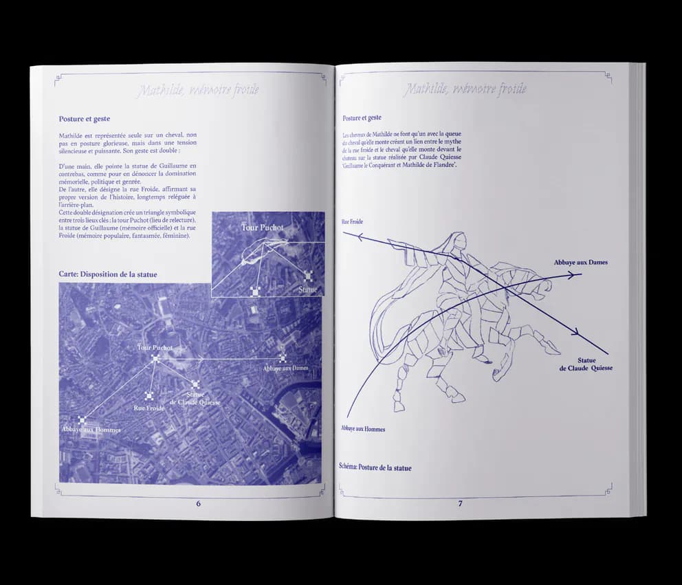 Booklet spread: a map of where the statue stands and a diagram of its posture