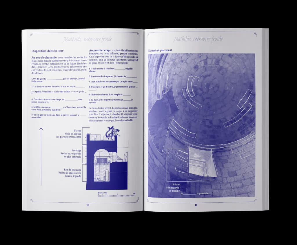 Booklet spread: a section of the tower and a view of the route inside