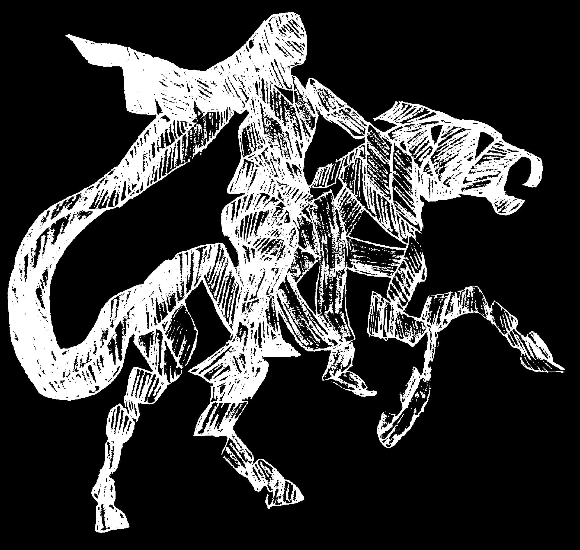 White drawing on black of a woman on horseback, made of fragmented strips