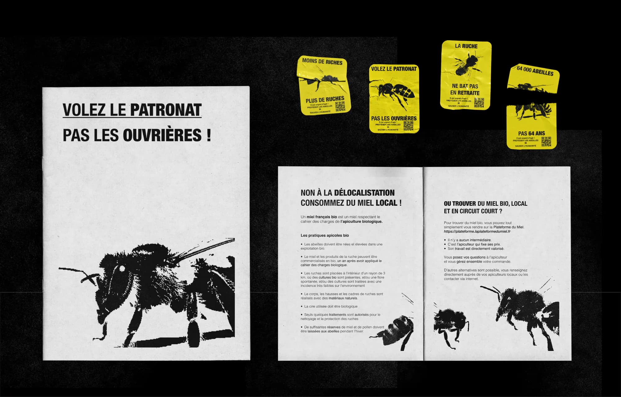 The campaign fanzine and yellow stickers on black: the cover and a spread illustrated with bees