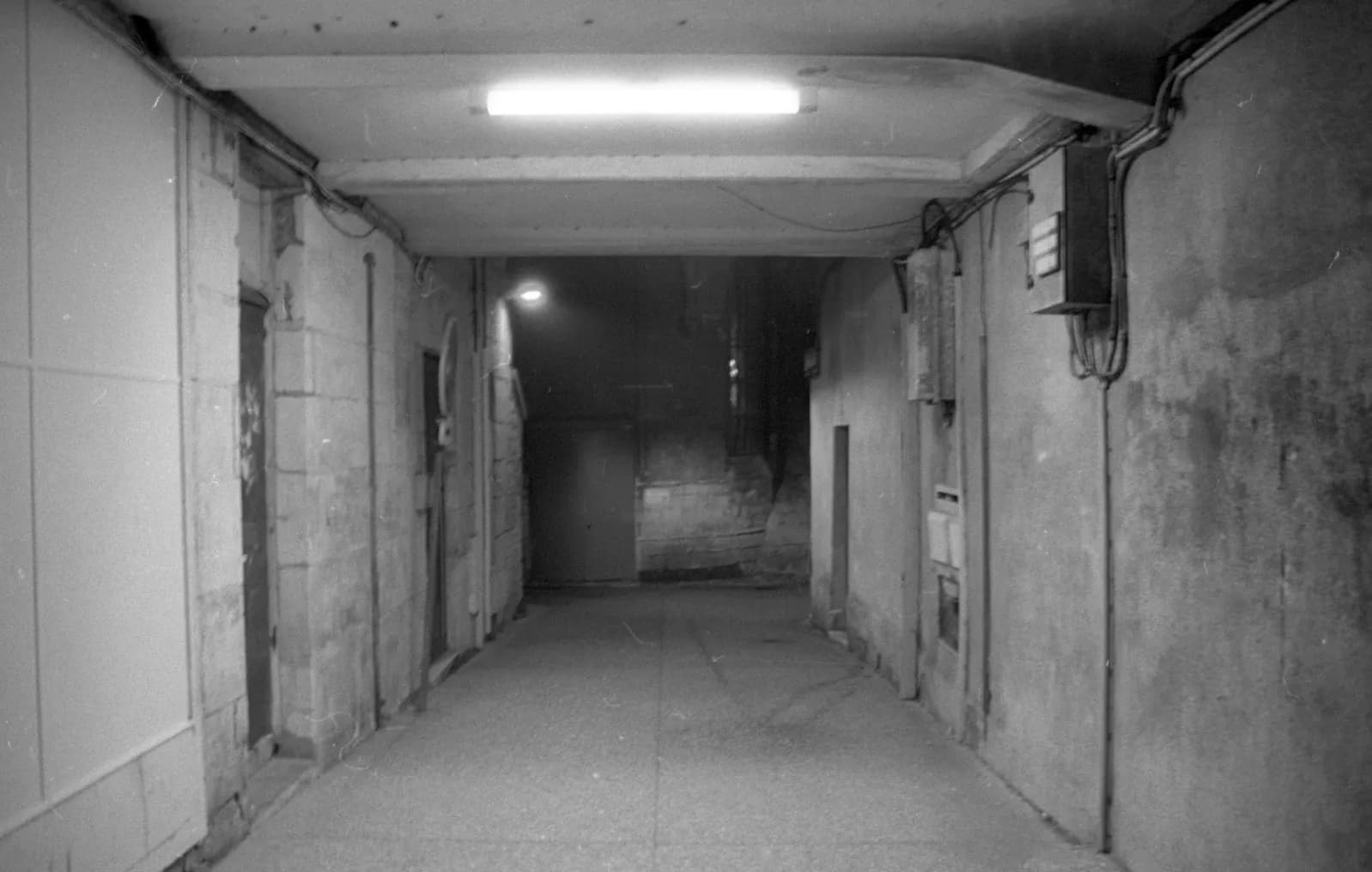 An empty covered passageway lit by a fluorescent tube at night, black and white